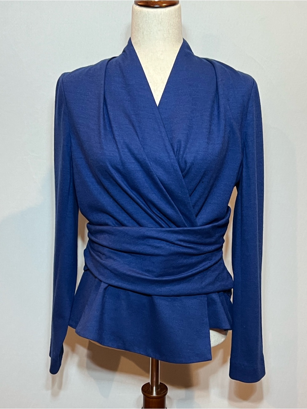 The Fold London, Belleville Blouse in Jersey Wool, Navy Peplum Wrap Top